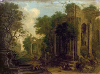 Paesaggio boscoso con viaggiatori che riposano vicino a rovine classiche