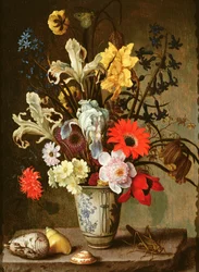 Studio Floreale con bicchiere, cavalletta e conchiglie
