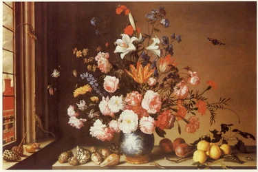 Interno con grande bouquet, conchiglie, frutti e lucertole