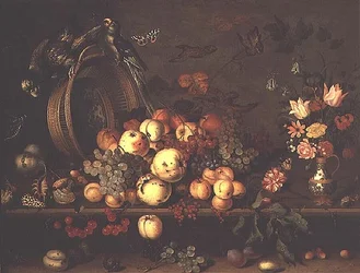 Natura morta con frutta, fiori e pappagalli, primi anni 1620