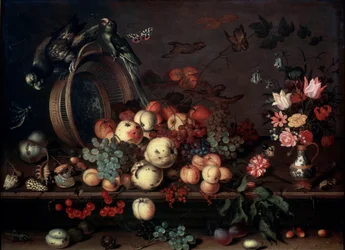 Natura morta con frutta, fiori e pappagalli