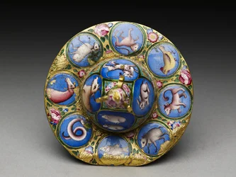 Ciotola con coperchio, piattino e cucchiaio con decorazione astrologica, inizio XIX secolo