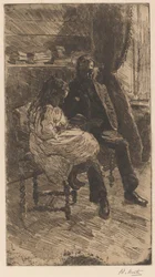 Interno con un uomo e una ragazza che leggono insieme un libro