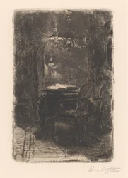 Interno con specchio e tavolo con libro aperto