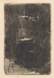 Interno con specchio e tavolo con libro aperto