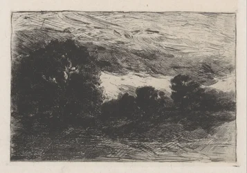 Paesaggio con alberi e cielo tempestoso