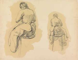 Due studi di una donna, vista di schiena seduta su uno sgabello