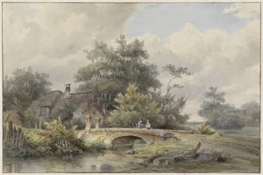 Paesaggio con ponte di pietra vicino a una casa