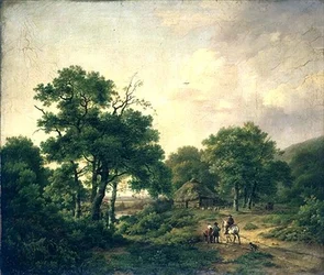 Paesaggio boscoso con figure