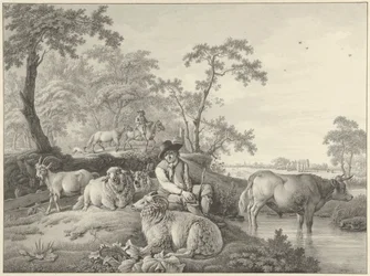 Pastore con pecore, una capra e un giovane toro in un paesaggio
