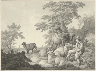 Pastore con pecore e un ragazzo con un giovane toro in un paesaggio