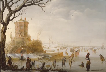 Scena invernale con figure sul ghiaccio