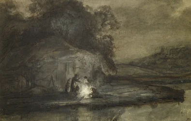 Paesaggio notturno con un fiume e pastori
