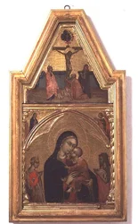 Madonna col Bambino con San Giovanni Battista e Santa Caterina, con scena della Crocifissione sopra