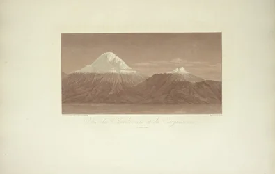 Veduta di Chimborazo e Carguairazo, disegnata da Gmelin, incisa da Arnold, illustrazione da "Vues des Cordillères et Monumens des Peuples Indigènes de l