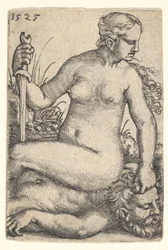 Giuditta, rivolta verso destra, seduta nuda sul cadavere di Oloferne, con una spada, 1525