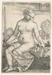 Giuditta, seduta nuda con una spada nella mano destra, mentre guarda in basso la testa di Oloferne ..., 1523