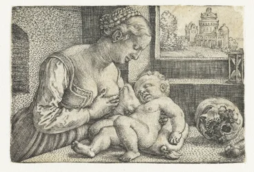 Maria con bambino al seno e teschio