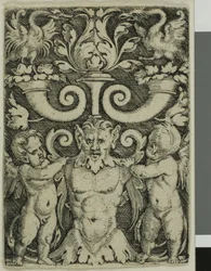 Ornamento con un mezzo busto maschile tra due geni