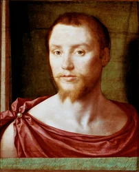 Ritratto di uomo con volto rosso antico e barba a doppia punta