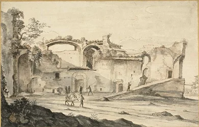 Viaggiatori davanti a una rovina