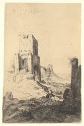 Veduta di Ponte Mammolo, un ponte sullo sfondo, una torre con rampa nel mezzo, 1639