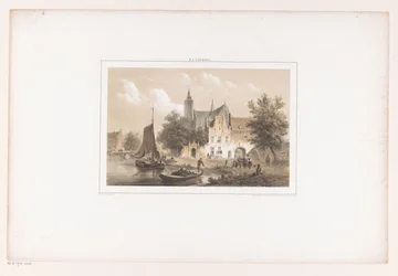 Veduta della città con fiume e chiesa