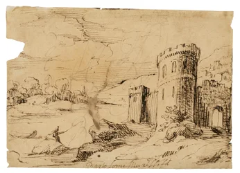 Paesaggio fluviale con un pescatore vicino a un castello