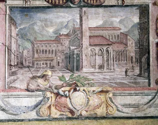 Camera da letto, dettaglio del fregio raffigurante città sotto il dominio dei Medici, Pistoia (dettaglio)