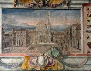 Camera da letto, dettaglio del fregio raffigurante città sotto il dominio dei Medici, possibilmente Lucca (dettaglio)