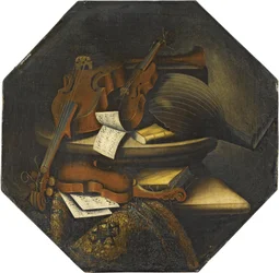 Una natura morta con un liuto, un violoncello, un violino e spartiti musicali su un cornicione di pietra accanto a un tappeto