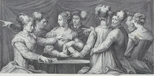 Un gruppo di persone elegantemente vestite che giocano a carte, 1740-68