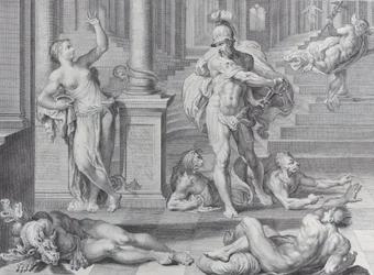 Tavola 10: Ulisse costringe Circe a ripristinare le forme umane dei suoi compagni, che lei aveva..., 1756