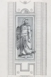 Piatto 15: figura mitologica con elmo e scudo