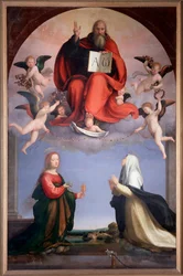 Dio tiene un libro con le lettere greche Alpha e Omega