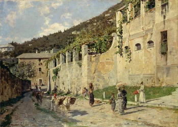 Strada di campagna con persone e asini