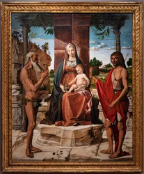 Madonna con Gesù bambino sotto una pergola tra i Santi Giovanni Battista e Onofrio, 1485-86