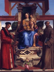 Maria in trono con il Bambino, i santi Homobono, Francesco d’Assisi, Caterina d’Alessandria e il committente Bernadino da Feltre (morto nel 1494)