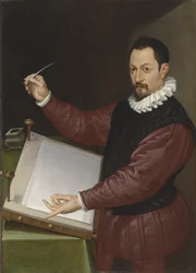 Ritratto di uno scriba in doppietto rosso e gorgiera bianca