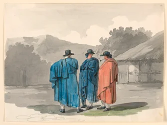 Un gruppo di tre contadini in un villaggio