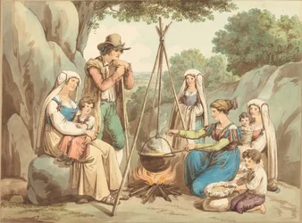 Una famiglia di contadini che cucina su un falò