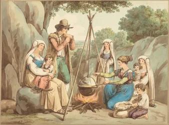 Una famiglia di contadini che cucina su un falò
