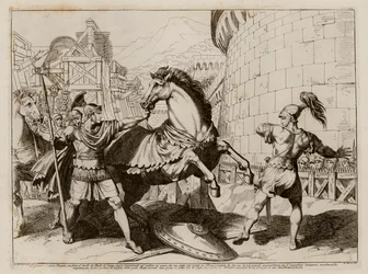 Badius di Capua fugge dopo una battaglia con Titus Quinctius Crispinus Sulpicianus (incisione)