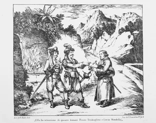 Don Abbondio incontra due Bravi, litografia per I Promessi Sposi di Alessandro Manzoni