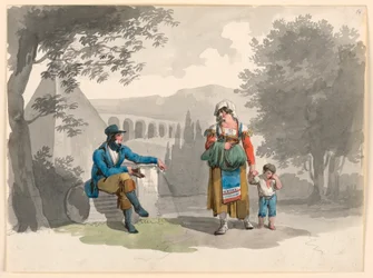 Disegno, una donna che tiene per mano un bambino che passa davanti a un gentiluomo seduto tra le rovine della Campagna, 1807