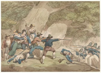 Gendarmi del Regno di Napoli in lotta contro i calabresi, illustrazione per Costumi e usanze romane