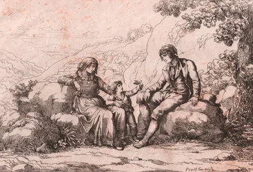 Due popolani con un bambino, Schiavi, Abruzzo, incisione di Bartolomeo Pinelli