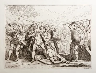 Valerio Corvo, dopo aver ucciso in duello un soldato gallico di statura gigantesca, mentre sta per spogliarlo, i Galli, incapaci di trattenersi, accorrono per vendicarlo, ma vengono completamente sconfitti dai Romani