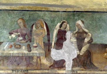 Scena allegorica, dettaglio dal ciclo che raffigura la Cavalcata dei Vizi e delle Virtù, ca 1490, di Bartolomeo Serra e Sebastiano Serra, affresco, Cappella di Santo Stefano, Giaglione, Piemonte, Italia