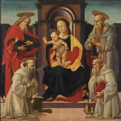 La Madonna col Bambino in trono con i santi Giovanni Evangelista e Girolamo e due santi benedettini